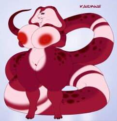 4_toes anthro areola big_breasts big_nipples big_tail breasts character_name claws colored digital_drawing_(artwork) digital_media_(artwork) english_text eyelashes feet female flat_colors genitals hi_res holding_breast huge_breasts huge_hips huge_tail huge_thighs markings navel nipples non-mammal_breasts non-mammal_nipples nude red_areola red_body red_markings red_nipples red_spots reptile scalie sherrabast simple_background snake snake_hood solo spots spotted_markings standing tail text thick_thighs toes vulva white_body wide_hips