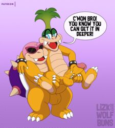 3_toes 4_fingers absurd_res anal bald balls big_balls big_penis brother brothers carrying duo english_text eyewear eyewear_only feet fingers gay genitals glasses glasses_only hi_res humanoid_genitalia humanoid_penis iggy_koopa koopa koopaling leg_grab male male/male male_only mario_(series) masturbation muscular nintendo nude pattern_background penetration penis purple_background roy_koopa scalie sex sibling simple_background size_difference smile smirk spread_legs spreading stand_and_carry_position standing standing_sex sunglasses sunglasses_only text toes vein veiny_penis video_games wolfbuns