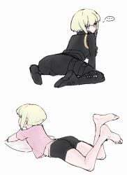 1boy 1femboy ass ass_focus blonde_hair bob_cut bulge bulge_through_clothing femboy femboy_only feminine_male full_body fully_clothed lio_fotia looking_at_viewer male male_only petite_male promare short_hair slim slim_male slim_waist solo thin thin_male thin_waist tight_clothing twink