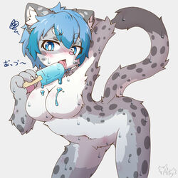 acky05 anthro ass big_breasts blue_eyes blue_hair blush breasts cute feline female fluffy fluffy_tail food fur furry ice_cream japanese_text licking looking_at_viewer mammal open_mouth popsicle pussy snow_leopard text tongue tongue_out