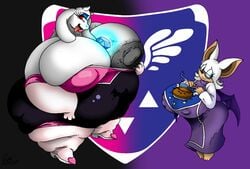 anthro armwear big_breasts breasts chaos_emerald clothing cosplay duo elbow_gloves female gloves handwear huge_breasts hyper hyper_breasts legwear lips lipstick makeup nipples overweight overweight_female rouge_the_bat rouge_the_bat_(cosplay) size_difference sonic_(series) sonic_the_hedgehog_(series) thick_lips thigh_highs toriel undertale video_games xanderdwulfe