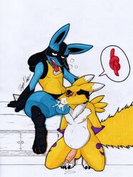 2boys absurd_res animal_genitalia animal_penis anthro balls bed big_belly blue_body blue_fur blush bodily_fluids canid canine crossover cum cum_from_nose cum_in_mouth cum_in_nose cum_in_throat cum_inflation cum_inside death_battle deepthroat digimon digimon_(species) duo fellatio fur furniture gay genital_fluids genitals hi_res inflation knot knotting lucario male male/male male_anthro male_only male_pokemon male_renamon mammal nintendo nude open_mouth oral oral_knotting oral_penetration penetration penile penis pokemon pokemon_(species) precum red_eyes renamon rotten_owl sex simple_background speech_bubble throat_bulge traditional_media_(artwork) video_games white_background yaoi