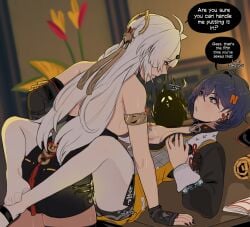 2girls absurdres ahoge belle_(delicate_sunlight)_(zenless_zone_zero) belle_(zenless_zone_zero) bird black_hair black_nails blush breasts chinese_clothes clothed_sex commentary dildo earrings english_commentary english_text hair_ornament hairclip highres jewelry letter_hair_ornament long_hair medium_breasts multiple_girls nail_polish object_insertion official_alternate_costume on_table pantyhose perverted_utility sex_toy short_hair strap-on table tassel tassel_earrings vaginal_penetration white_hair white_pantyhose yixuan_(zenless_zone_zero) yuri zanqi zenless_zone_zero