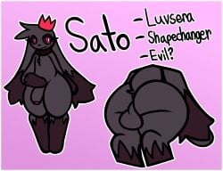 anthro ass balls bent_over big_butt border chains collar crown demon digitigrade english_text floppy_ears foreskin fur genitals grey_body grey_fur headgear hi_res humanoid_genitalia humanoid_penis lagomorph leporid lop_ears male mammal penis primsilver rabbit red_eyes sato_(primsilver) shortstack simple_background solo text white_border