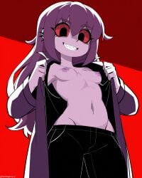 absurd_res ai_generated areolae badeline black_eyes black_pants celeste_(game) clothes_pull colored_sclera colored_skin ear_piercings falsegate flashing from_below highres jacket long_hair looking_at_viewer navel nipples open_coat open_jacket pelvic_line pelvic_lines pelvis pulled_by_self purple_hair purple_jacket purple_nipples purple_skin red_sclera self_upload sharp_teeth slim_waist small_breasts smile stable_diffusion uncensored