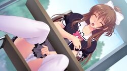 blush bow brown_hair chestnut_mouth closed_eyes dutch_angle female game_cg hairbow kourin_tenshi_en_ciel_rena large_variant_set long_hair non-web_source official_art open_mouth panties pantyshot pen ponytail pussy_juice_stain saitou_natsuki school_uniform self-datamine sitting skirt solo suhamaya table thighhighs tomoe_rena underwear upskirt variant_set wet wet_clothes wet_panties white_panties white_thighhighs window