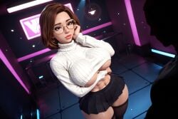 1boy 1girls 3d 3d_(artwork) abs ai_generated big_ass big_breasts brown_hair busty circle_glasses circular_glasses crop_top faceless_male glasses lindsey_(oc) medium_hair petite petite_body petite_female pleated_skirt radnsad short_skirt silhouette skirt thick_thighs thighhighs toned toned_female turtleneck underboob