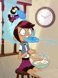 blowjob breakfast cereal colored_cum cumming disney disney_channel fellatio female food ghost holding_head makguff male_moaning molly_mcgee non-human_penis non_human_genitalia oral ponytail reverse_blowjob scratch_(the_ghost_and_molly_mcgee) shocked short_hair skull_fucking suprised the_ghost_and_molly_mcgee