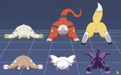 absurd_res animal_genitalia anthro anus artist_logo ass balls bandai_namco brown_body brown_fur calumon canid canine claws culumon digimon digimon_(species) female female_anthro female_feral feral fur genital_slit genitals group guilmon hi_res horn humanoid humanoid_genitalia humanoid_penis impmon logo long_ears lopmon lying male male_feral male_humanoid mammal on_front penis pichu90 purple_body red_body renamon tail tapering_penis terriermon toe_claws vulva white_body white_fur x_anus yellow_body yellow_fur
