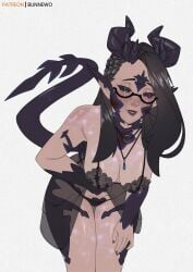au_ra big_breasts black_hair bunnewo glasses heterochromia horn lingerie looking_at_viewer original scales tattoo