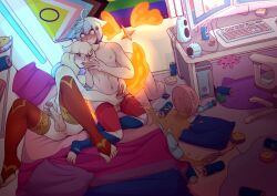 2boys blonde_hair blue_hair cat_boy cat_ears cat_tail catboy computer cookie_dough femboy gay gay_sex handjob licking licking_fingers licking_food linechu magz male male_only mutual_handjob penis pepsi pride_flag sitting_on_bed tail thigh_highs thighhighs velky