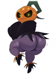 angry back_view backsack big_ass black_cloak black_sclera blush cute embarrassed_nude_male freckled_ass halloween jack-o'-lantern lifted_leg orange_shoes plant_humanoid pumpkin pumpkin_head pumpkin_stem revealing_clothes sssonic2 tsundere yellow_pupils