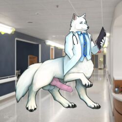 1:1 absurd_res anthro arctic_wolf blue_eyes canid canid_taur canine canine_taur canis clothed clothing doctor dorian_bianchi erection fur genitals hi_res hybrid_genitalia hybrid_penis knot looking_at_viewer lto_mil male male_only mammal mammal_taur medial_ring penis solo taur white_body white_fur wolf wolf_taur