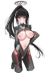 1girl bar_censor black_bodysuit black_hair blue_archive blush bodysuit breasts censored closed_mouth commentary_request cowboy_shot halo headgear high_ponytail holster large_breasts long_hair looking_at_viewer multicolored_halo navel nipples open_bodysuit open_clothes ponytail pussy red_eyes rio_(armed)_(blue_archive) rio_(blue_archive) simple_background solo standing straight-on thigh_holster two-tone_halo user_exjz2884 white_background