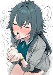 1girls above_view after_ejaculation after_fellatio black_skirt blush closed_eyes coat commentary_request cum cum_in_mouth cum_on_body cum_on_hands cum_on_tongue female frown frowning gakuen_idolmaster green_hair green_shirt grey_coat heart heavy_breathing highres idolmaster kobinbin miniskirt on_floor on_knees open_mouth shirt showing_cum skirt speech_bubble steam steamy_breath sweat thighs tongue tongue_out translation_request trembling tsukimura_temari v-shaped_eyebrows