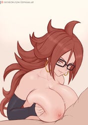 1boy 1girls alternate_breast_size android_21 android_21_(human) big_breasts black-framed_eyewear blue_eyes breast_squeeze breasts brown_hair collarbone cum cum_between_breasts cum_on_body cum_on_breasts cum_on_upper_body cutesexyrobutts_(style) deep_skin detached_sleeves dragon_ball dragon_ball_fighterz earrings ejaculation ejaculation_between_breasts female forehead from_side glasses hair_between_eyes highres hoop_earrings huge_breasts jewelry large_breasts lips long_hair looking_at_viewer male nipples nude paizuri parted_hair patreon_logo patreon_username sex shiny shiny_hair sidelocks sideways_glance simple_background smile solo_focus straight upper_body watermark wavy_hair web_address zefra_bleu