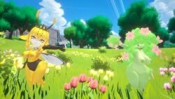 bee bee_girl dog_girl fipetopia flower flower_in_hair furry green_body green_fur green_hair green_skin humanoid insect_girl insect_wings insects shortstack thick_thighs