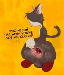 anal_fluids anthro anus ass backsack balls black_body black_fur blep bodily_fluids cait_sith_(ff7) cat-sith celtic_mythology closed_eyes crown digital_drawing_(artwork) digital_media_(artwork) english_description english_text european_mythology felid final_fantasy final_fantasy_vii fur gaping gaping_anus genitals headgear hhbrother hi_res male mammal musky_anus mythology pink_anus solo sweat sweaty_butt tail talking_to_viewer text thin_tail tongue tongue_out whiskers white_body white_fur