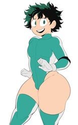 1boy big_ass clothing crossdressing deku detnox femboy flat_colors freckles fully_clothed girly gloves green_eyes green_hair izuku_midoriya looking_at_viewer male_only my_hero_academia open_mouth outfit short_hair solo thick_thighs tight_clothing trap white_background white_skin