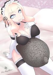 1girls absurdres big_breasts breasts female female_only highres huge_belly large_breasts looking_at_viewer maid maid_headdress maid_uniform megaxverse pregnant ready_to_pop solo