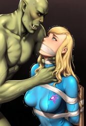 1girl1boy ai_generated blonde_hair bodysuit bondage bound breasts chair_bondage choking dark_background defeated defeated_heroine game_over grabbing_neck hair_down helpless helpless_female imminent_rape imminent_sex in_pain metroid monster_on_female orc orc_male orc_on_human samus_aran scared scared_expression shaking sitting size_difference skin_tight tape_bondage tape_gag trembling wavy_hair zero_suit_samus