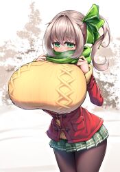 asahina_hinata blush breasts breath brown_hair female gigantic_breasts green_eyes green_ribbons green_scarf green_skirt hair_between_eyes hair_ribbon highres indie_virtual_youtuber jacket long_hair long_sleeves looking_at_viewer monno outdoors red_jacket ribbed_sweater ribbon scarf side_ponytail sidelocks skirt snow solo sweater thighs virtual_youtuber winter winter_clothes yellow_sweater
