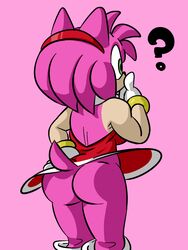 amy_rose anthro ass bottomless dress furry gloves green_eyes hairband hedgehog no_panties pink_hair question_mark simple_background solo sonic_(series) tail toni_oni