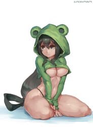 1girls absurd_res black_eyes black_hair breasts cleavage crying cutesexyrobutts female female_only hi_res hoodie large_hips large_thighs my_hero_academia navel nipple_bulge pale-skinned_female shy simple_background solo solo_female solo_focus tears teenager thong tied_hair tsuyu_asui underboob voluptuous white_background