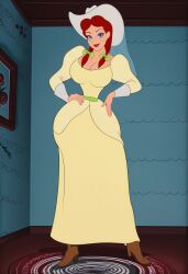 ai_generated blue_eyes cowgirl disney dress hairbow looking_at_viewer melody_time red_hair self_upload slue-foot_sue smile solo twintails