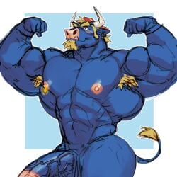 1:1 anthro backwards_hat barazoku big_muscles bovid bovine cattle circumcised clothing flexing genitals hat headgear headwear horn huge_muscles hyper hyper_muscles male mammal muscular muscular_anthro muscular_male nipple_piercing nipples nude pecs penis piercing smile solo tail tora_gy