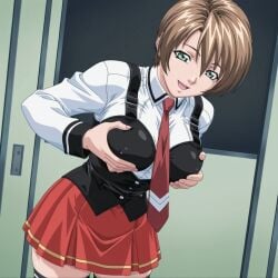 1girls academy_uniform_(bible_black) ai_generated autoenable before_sex bible_black bible_black_gaiden big_breasts breast_grab breast_hold brown_hair clothing cowboy_shot curvaceous curvy curvy_figure dutch_angle female female_focus female_only fondling fondling_breast fully_clothed grabbing_own_breast green_eyes hallway highres imminent_paizuri inviting_to_sex light_brown_hair long_sleeves looking_at_viewer necktie open_mouth paizuri_invitation pinup pixie_cut pleated_skirt presenting presenting_breasts saki_shido school school_uniform schoolgirl self_fondle shirt short_hair skirt slim_waist smile solo solo_focus stockings suspenders swept_bangs teen teenage_girl teenager thighhighs upper_body vest zettai_ryouiki