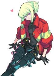 androgynous bulge femboy fully_clothed lio_fotia looking_at_viewer ponytail promare takatuki_iti tight_clothing twink