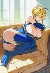 1girls ahoge ai_generated artoria_pendragon artoria_pendragon_(all) artoria_pendragon_(lancer) bangs bare_shoulders big_breasts blue_gloves blue_legwear blue_leotard blush braid breasts cleavage couch crown elbow_gloves fate/grand_order fate_(series) french_braid gloves green_eyes huge_breasts indoors leotard lying on_side sidelocks solo swept_bangs thighhighs thighs