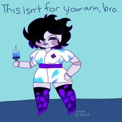 black_sapphire_cookie blush cookie_run cookie_run_kingdom dark_eyes doll doll_joints funny grin nsfwmyka nurse nurse_clothing nurse_uniform purple_lipstick purple_pupils purple_sclera smile smug smug_face smug_grin smug_smile stockings syringe text