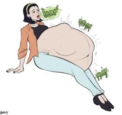 1girls 2d 2d_(artwork) action_lines ambiguous_prey artist_name bare_belly black_hair black_heels black_shirt bloated_belly blush brown_eyes burp burping color colored diamond_is_unbreakable digestion_noises digital_media digital_media_(artwork) female female_focus full_body fully_clothed hairband handsome_bites heels hi_res highres jacket jacket_open jeans jojo's_bizarre_adventure large_belly light-skinned_female light_skin lipstick lumpy_belly onomatopoeia plain_background prey_outline reclining shirt short_hair simple_background sitting speech_bubble struggling struggling_prey tomoko_higashikata vore white_background