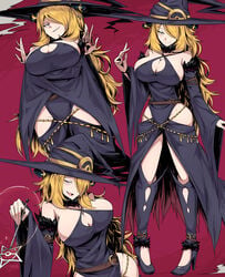 1girls big_breasts blonde_hair cynthia_(pokemon) eye_contact female halloween halloween_costume high_heels large_breasts looking_at_viewer mature_female nintendo pokemon pokemon_dppt red_background smile suzusiigasuki thighs witch_hat