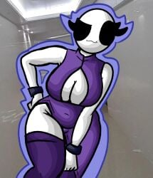 1girls :3 bald bald_female bending_forward black_eyes breasts chetoh claire_(chetoh) cleavage clothed clothed_female dress egg female female_focus female_only hand_on_hip looking_at_viewer oc original original_character photo_background purple_dress purple_stockings smile smiling smiling_at_viewer stockings white_background white_body
