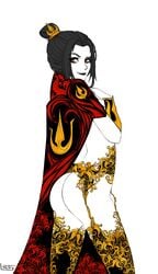 ass avatar_the_last_airbender azula black_hair black_lipstick bottomless cloak east_asian_clothing female_only jewelry ltstry no_panties pale-skinned_female pose posing side_view smile stockings yellow_eyes