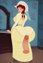 ai_generated ass big_ass blue_eyes cowgirl disney dress dumptruck_ass hairbow looking_at_viewer looking_back melody_time penis penis_on_ass red_hair self_upload slue-foot_sue smile solo twintails