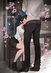 1boy bare_legs between_legs black_pants black_skirt blouse blowjob_in_skirt blush boots business_suit business_woman closed_eyes clothed_sex college deepthroat dress_shirt fellatio fellatio_in_skirt female hair_ribbon high_heel_boots high_heels highres kanju kanojo_okarishimasu miniskirt nose_blush office office_lady onomatopoeia oral pants pencil_skirt ribbon sarashina_ruka sex_in_skirt shirt shirt_lift shoes sitting skirt skirt_suit stool straight teenager tight_skirt v_arms white_blouse white_shirt