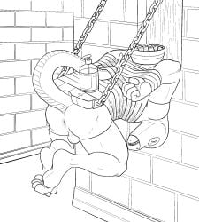 aitch anthro anus arms_tied bondage bondage bound clothing condom dungeon gimp_mask hi_res latex latex_clothing lube_bottle male mask monochrome presenting presenting_anus sexual_barrier_device solo tail tail_tied wearing_mask