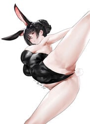 absurdres anal anal_object_insertion anal_tail animal_ear_fluff animal_ears armpits bare_legs bare_shoulders black_hair black_leotard blush breasts bunny_ears bunny_tail censored fake_tail female from_below hair_bun highleg highleg_leotard highres large_breasts leotard leotard_aside looking_down mosaic_censoring object_insertion original parted_lips pussy short_hair simple_background smile solo standing standing_on_one_leg tail thighs white_background xlnosearch_(xlxiaoluodiaofa)