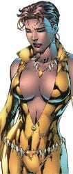brown_hair cleavage curvy curvy_figure dark-skinned_female dc dc_comics hourglass_figure leotard mari_jiwe_mccabe official_art perfect_body revealing_clothes sexy skimpy skimpy_clothes skin_tight solo solo_focus superheroine vixen_(dc) voluptuous white_background