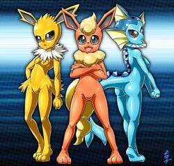 alternate_version_available aozame_takao cosplay eeveelution flareon_(cosplay) furry jolteon_(cosplay) latex pokemon pokemon_(cosplay) pokesuit sinrin8210 trio vaporeon_(cosplay)