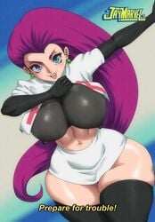 1girls armwear ass big_ass big_breasts blue_eyes breasts english english_text favorite female female_only human human_only jay-marvel jessie_(pokemon) legwear magenta_hair miniskirt pale_skin pokemon pokemon_(anime) solo team_rocket text voluptuous wide_hips