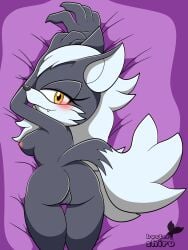 artist_name ass black_fur blush buster_shiru english_text fangs jackal looking_at_viewer looking_back lying lying_on_bed lying_on_stomach mobian mobian_(species) nipples pussy sega sonic_(series) sonic_forces sonic_the_hedgehog_(series) tail trois_the_jackal watermark white_hair yellow_eyes