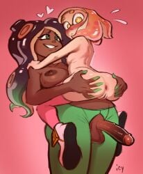 anus big_breasts blush bottomwear breasts cephalopod clothed clothing duo female flat_chested futa_on_female futanari genitals grin gynomorph hand_on_butt heart_symbol hi_res humanoid inkling intersex intersex/female iseenudepeople marina_(splatoon) marine mollusk nintendo not_furry nude octarian octoling open_bottomwear open_clothing open_pants pants pearl_(splatoon) penis pseudo_hair pupils pussy simple_background size_difference smile splatoon tentacle tentacle_hair topless unusual_pupils