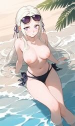 ai_generated beach bikini breasts edelgard_von_hresvelg fire_emblem fire_emblem:_three_houses hair_ornament long_hair nipples qiwangaiart sunglasses topless white_hair