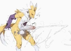 anthro balls bandai_namco big_balls big_penis bodily_fluids canid canine clenched_teeth clothing cum cumshot digimon digimon_(species) ejaculation erection fur genital_fluids genitals glans hi_res humanoid_genitalia humanoid_penis intense_orgasm male mammal masturbation notglacier orgasm orgasm_face penile penile_masturbation penis renamon simple_background solo tail teeth vein veiny_penis white_background white_body white_fur yellow_body yellow_fur
