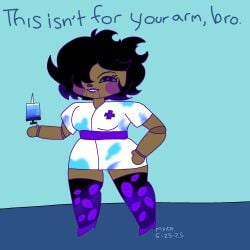 black_sapphire_cookie blush brown_skin cookie_run cookie_run_kingdom dark-skinned_femboy dark-skinned_male dark_eyes dark_skin doll doll_joints funny grin nsfwmyka nurse nurse_clothing nurse_uniform purple_lipstick purple_pupils purple_sclera smile smug smug_face smug_grin smug_smile stockings syringe text